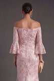 Sparkly Blush Flutter Sleeves Mermaid Maxi Formal Dress with Sequins