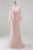 Sparkly Blush Flutter Sleeves Mermaid Maxi Formal Dress with Sequins