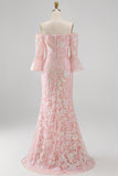 Sparkly Blush Flutter Sleeves Mermaid Maxi Formal Dress with Sequins