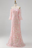 Sparkly Blush Flutter Sleeves Mermaid Maxi Formal Dress with Sequins