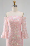 Sparkly Blush Flutter Sleeves Mermaid Maxi Formal Dress with Sequins