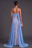 Blue Lace Floral Sheath Maxi Formal Dress with Cape