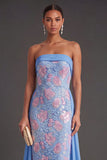 Blue Lace Floral Sheath Maxi Formal Dress with Cape