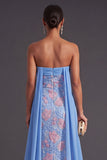 Blue Lace Floral Sheath Maxi Formal Dress with Cape