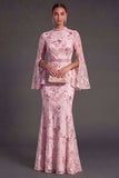 Dark Blue Floral Illusion Neck Mermaid Maxi Formal Dress with Embroidery