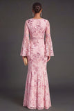 Dark Blue Floral Illusion Neck Mermaid Maxi Formal Dress with Embroidery