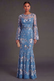 Dark Blue Floral Illusion Neck Mermaid Maxi Formal Dress with Embroidery