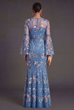Dark Blue Floral Illusion Neck Mermaid Maxi Formal Dress with Embroidery