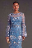 Dark Blue Floral Illusion Neck Mermaid Maxi Formal Dress with Embroidery