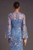Dark Blue Floral Illusion Neck Mermaid Maxi Formal Dress with Embroidery