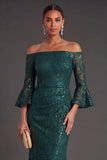 Dark Green Lace Off the Shoulder Mermaid Maxi Formal Dress with Sequins