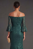 Dark Green Lace Off the Shoulder Mermaid Maxi Formal Dress with Sequins