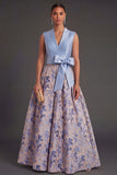 Navy Floral A Line Jacquard Long Wedding Guest Dress