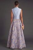 Navy Floral A Line Jacquard Long Wedding Guest Dress