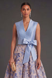 Navy Floral A Line Jacquard Long Wedding Guest Dress