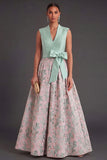 Navy Floral A Line Jacquard Long Wedding Guest Dress