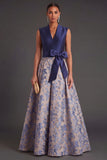 Navy Floral A Line Jacquard Long Wedding Guest Dress
