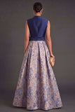 Navy Floral A Line Jacquard Long Wedding Guest Dress