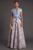 Collar Neck Floral A Line Navy Long Wedding Guest Dress