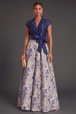 Collar Neck Floral A Line Navy Long Wedding Guest Dress
