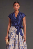 Collar Neck Floral A Line Navy Long Wedding Guest Dress