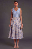 A Line Navy Floral V Neck Midi Wedding Guest Dress