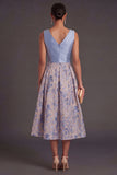 A Line Navy Floral V Neck Midi Wedding Guest Dress