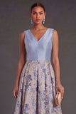 A Line Navy Floral V Neck Midi Wedding Guest Dress