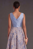 A Line Navy Floral V Neck Midi Wedding Guest Dress