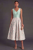 A Line Navy Floral V Neck Midi Wedding Guest Dress
