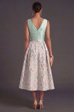 A Line Navy Floral V Neck Midi Wedding Guest Dress