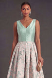 A Line Navy Floral V Neck Midi Wedding Guest Dress