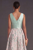A Line Navy Floral V Neck Midi Wedding Guest Dress