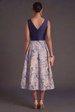 A Line Navy Floral V Neck Midi Wedding Guest Dress