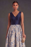 A Line Navy Floral V Neck Midi Wedding Guest Dress
