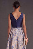 A Line Navy Floral V Neck Midi Wedding Guest Dress
