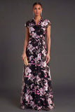 Grey Floral A Line Cap Sleeves Long Wedding Guest Dress