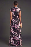 Grey Floral A Line Cap Sleeves Long Wedding Guest Dress