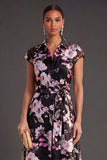 Grey Floral A Line Cap Sleeves Long Wedding Guest Dress