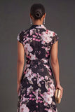 Grey Floral A Line Cap Sleeves Long Wedding Guest Dress
