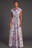 Grey Floral A Line Cap Sleeves Long Wedding Guest Dress