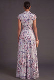 Grey Floral A Line Cap Sleeves Long Wedding Guest Dress
