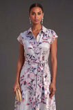 Grey Floral A Line Cap Sleeves Long Wedding Guest Dress