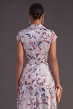 Grey Floral A Line Cap Sleeves Long Wedding Guest Dress