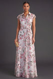 Grey Floral A Line Cap Sleeves Long Wedding Guest Dress