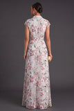 Grey Floral A Line Cap Sleeves Long Wedding Guest Dress