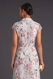 Grey Floral A Line Cap Sleeves Long Wedding Guest Dress