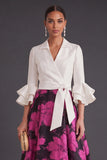 A Line Fuchsia Floral Flutter Sleeves Long Wedding Guest Dress