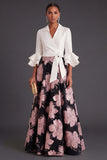 A Line Fuchsia Floral Flutter Sleeves Long Wedding Guest Dress