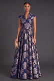 Yellow Jacquard A Line Cap Sleeves Long Wedding Guest Dress